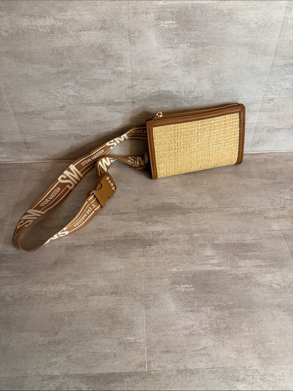 Steve Madden Straw Zip Belt bag with Branded Logo Strap - Tan & Natural